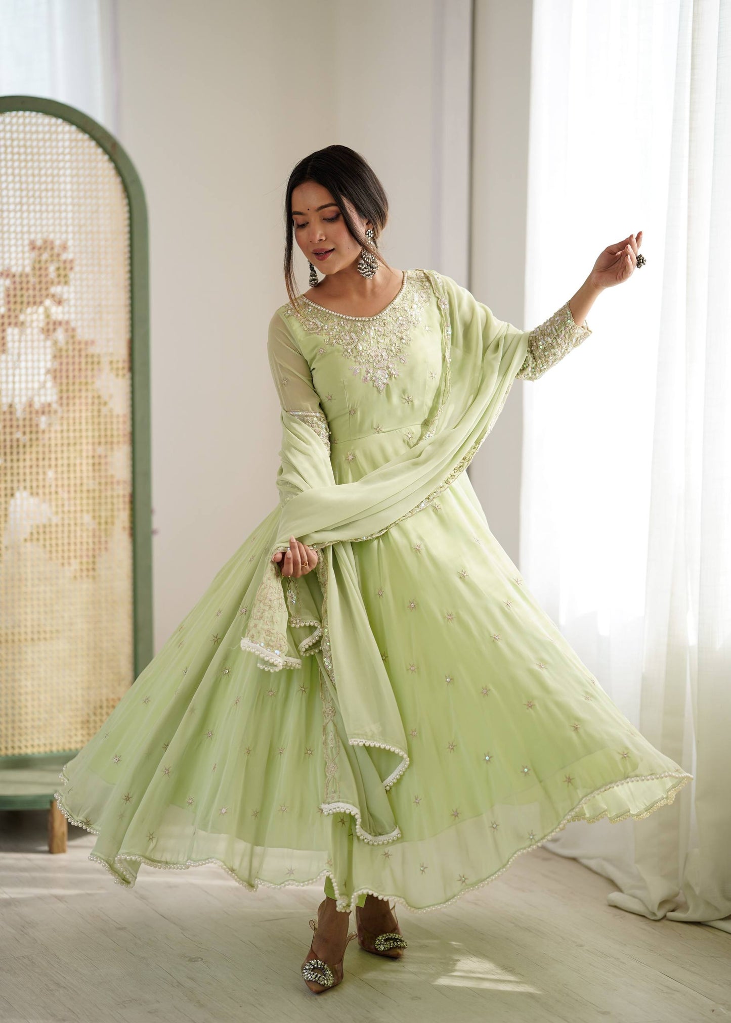 Arti Chauhan Wear Green Color Sequence Embroidered Anarkali Gown