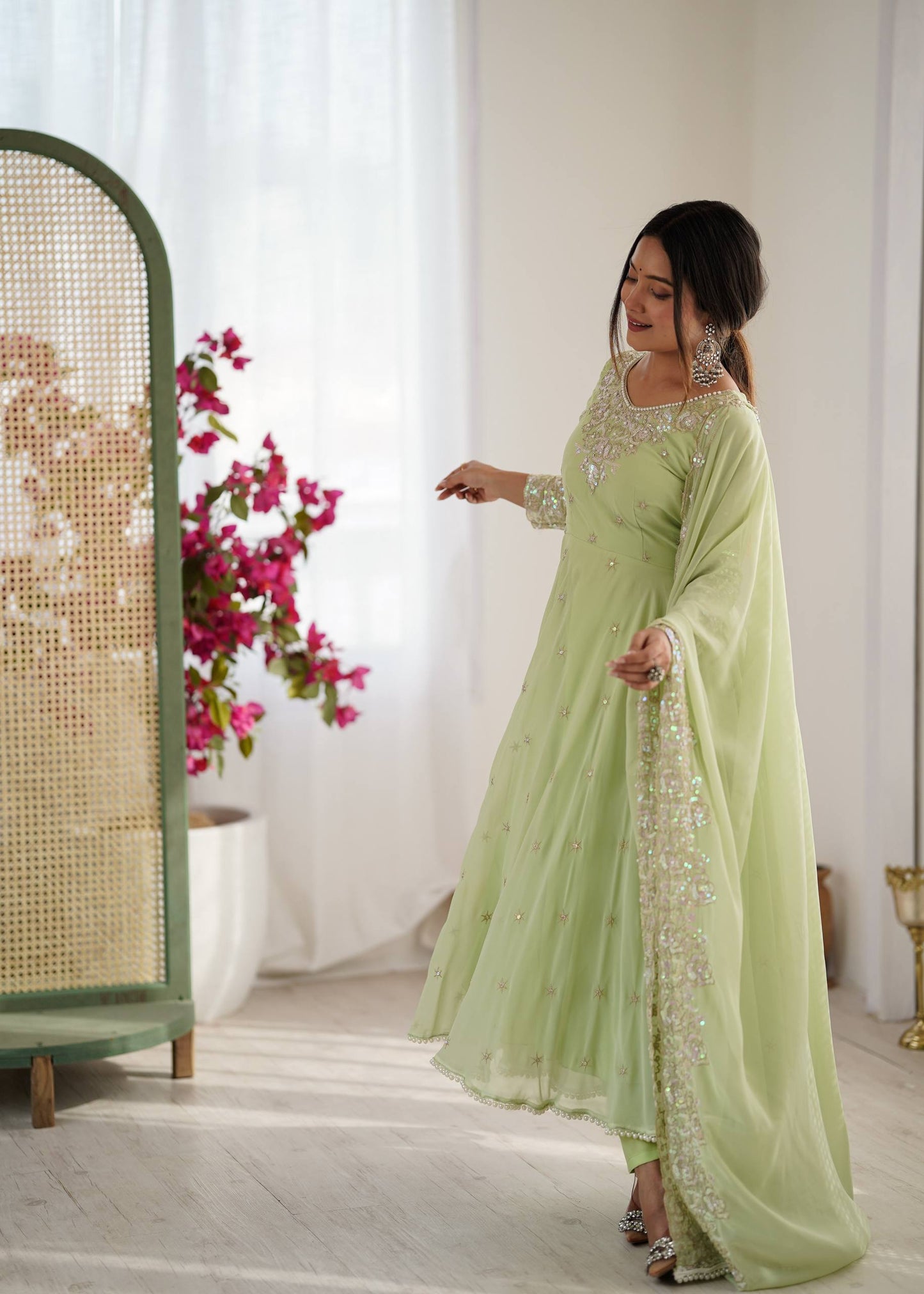 Arti Chauhan Wear Green Color Sequence Embroidered Anarkali Gown
