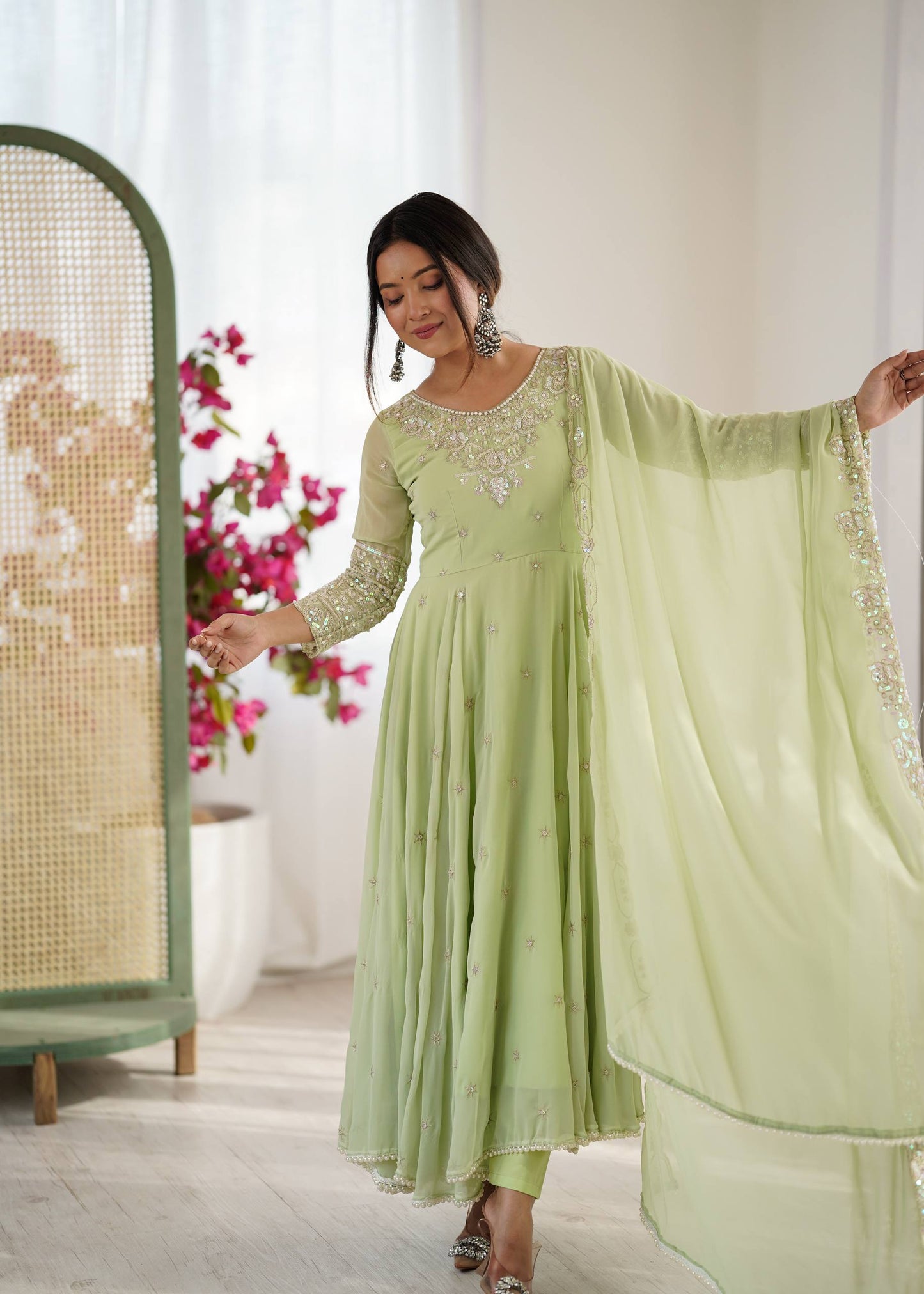 Arti Chauhan Wear Green Color Sequence Embroidered Anarkali Gown