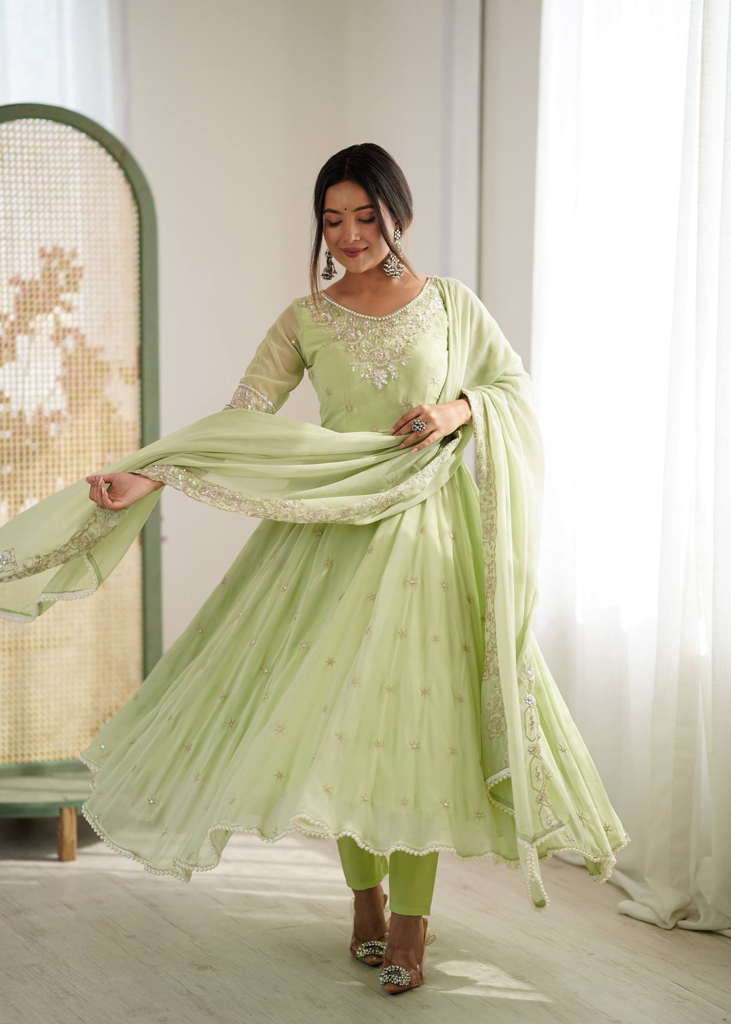 Arti Chauhan Wear Green Color Sequence Embroidered Anarkali Gown