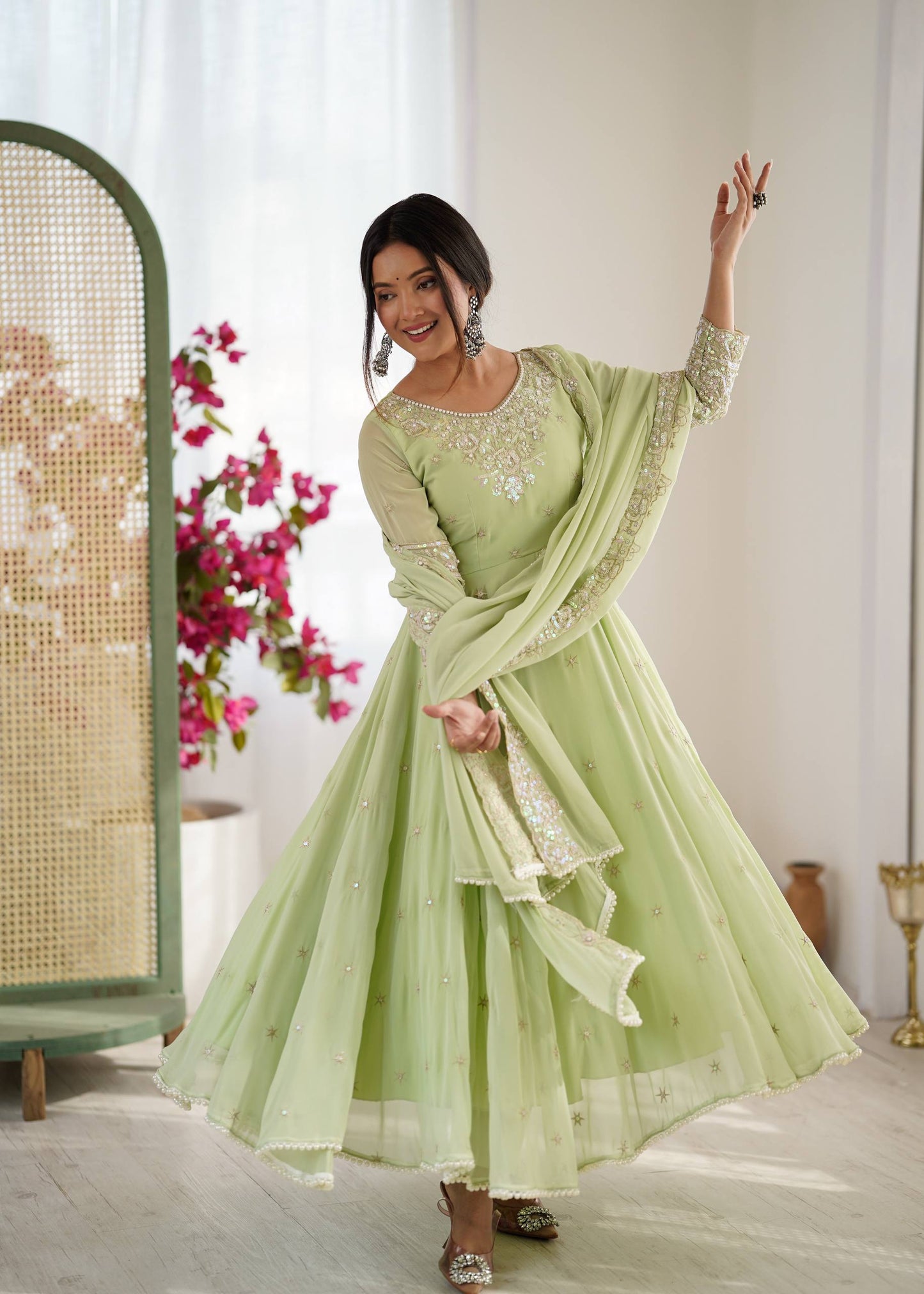 Arti Chauhan Wear Green Color Sequence Embroidered Anarkali Gown