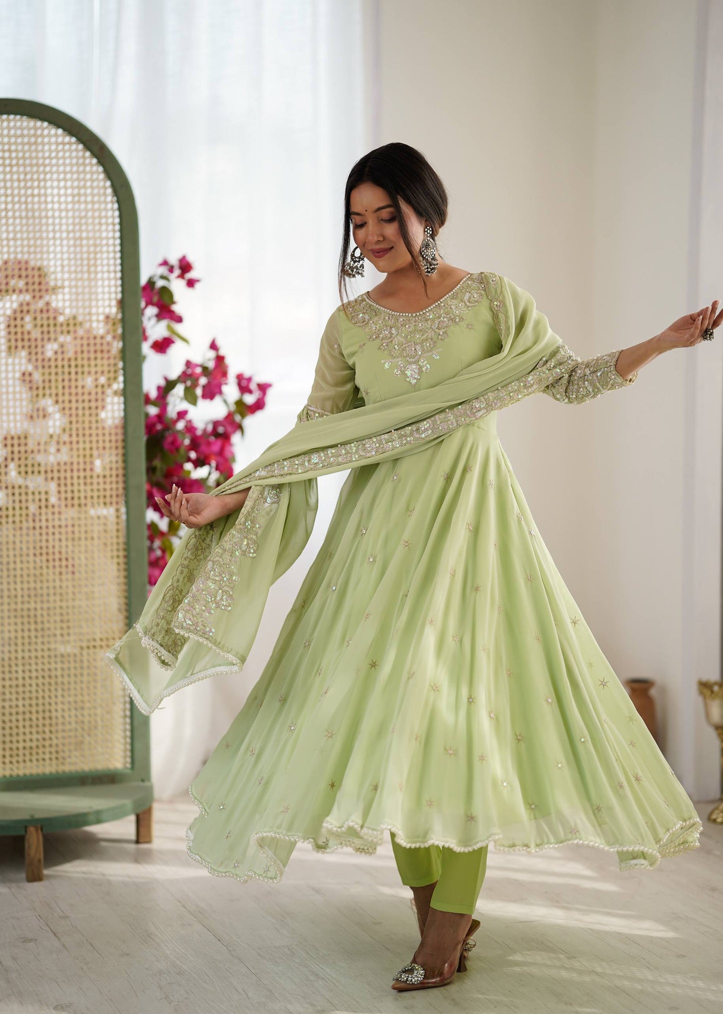 Arti Chauhan Wear Green Color Sequence Embroidered Anarkali Gown