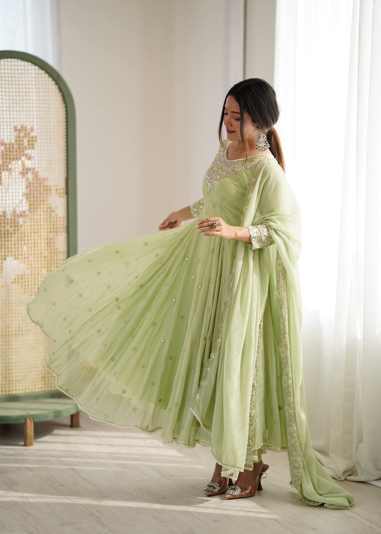 Arti Chauhan Wear Green Color Sequence Embroidered Anarkali Gown