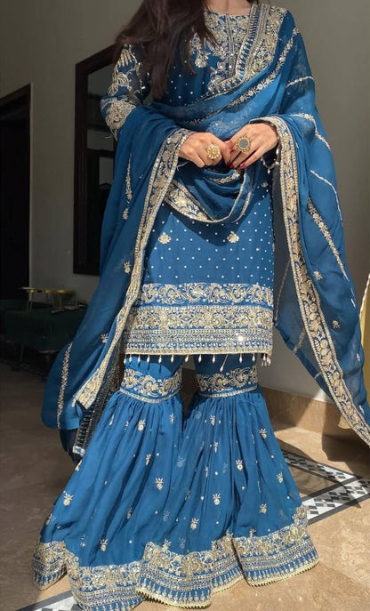 Elegant Blue Color Ready Made Georgette Sharara Set