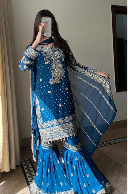 Elegant Blue Color Ready Made Georgette Sharara Set