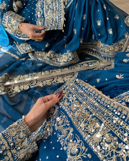 Elegant Blue Color Ready Made Georgette Sharara Set