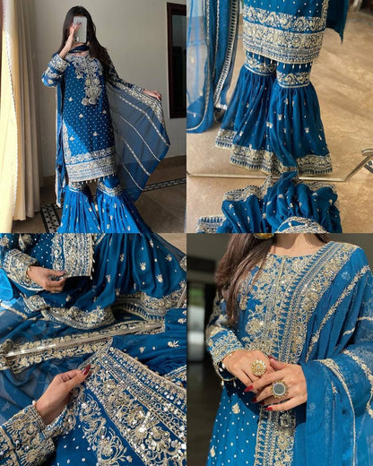 Elegant Blue Color Ready Made Georgette Sharara Set