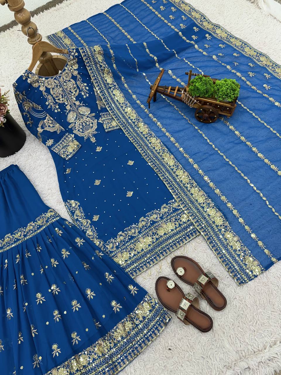 Elegant Blue Color Ready Made Georgette Sharara Set