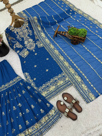 Elegant Blue Color Ready Made Georgette Sharara Set