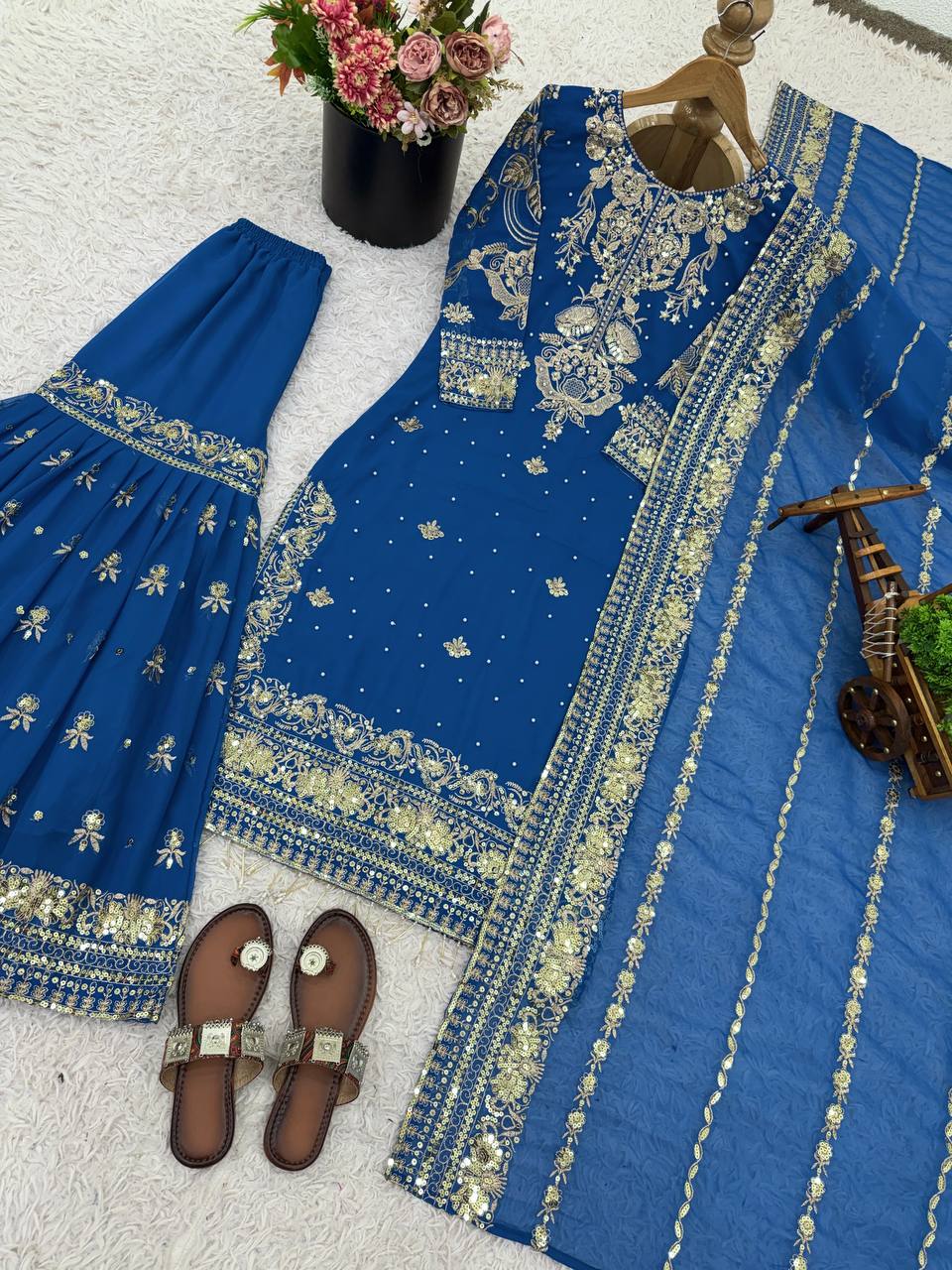 Elegant Blue Color Ready Made Georgette Sharara Set