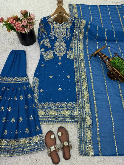 Elegant Blue Color Ready Made Georgette Sharara Set
