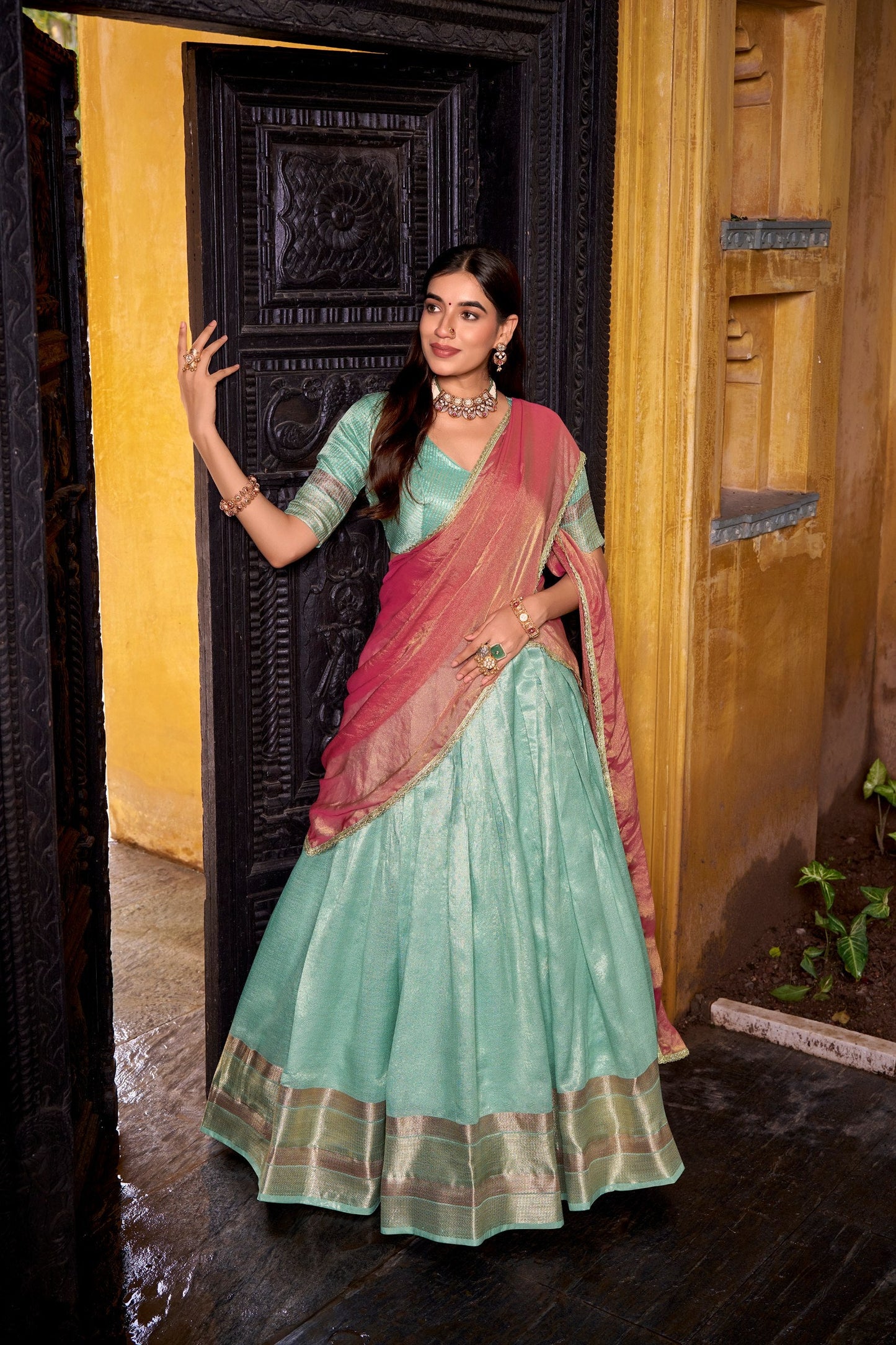 South Style Sky Blue Color Slik Zari Weaving Work Lehenga Choli