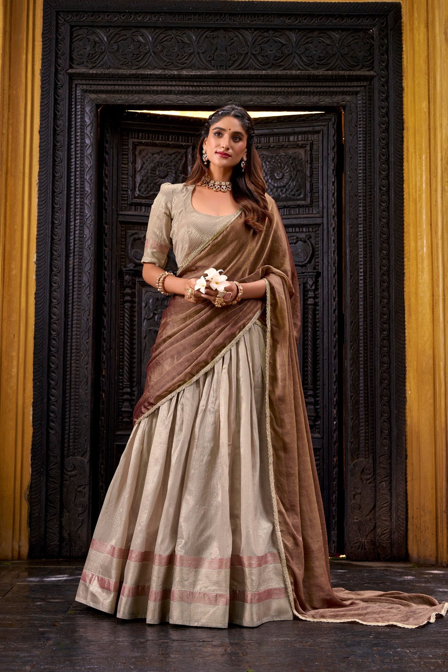 South Style Grey Color Slik Zari Weaving Work Lehenga Choli