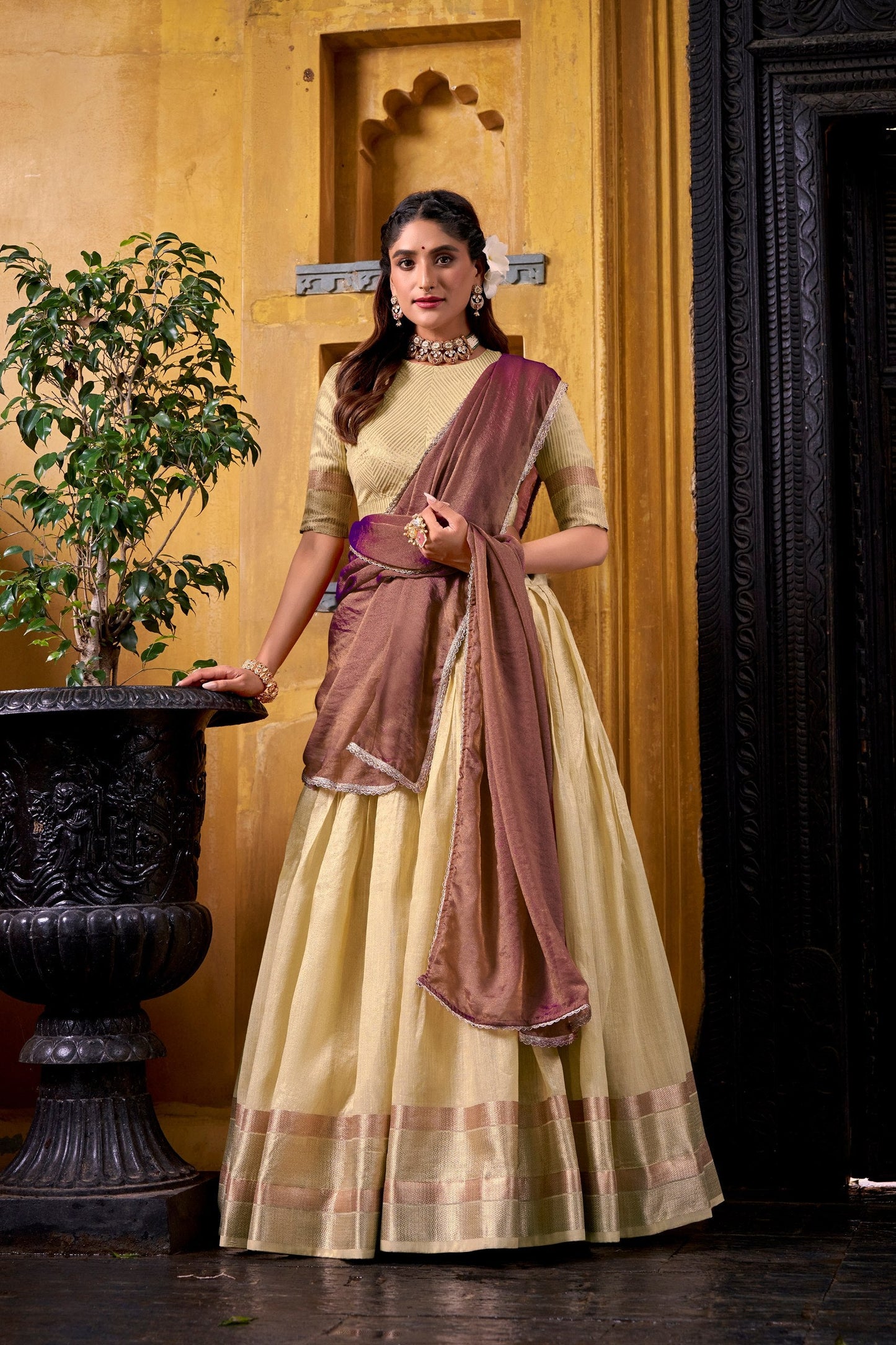South Style Cream Color Slik Zari Weaving Work Lehenga Choli