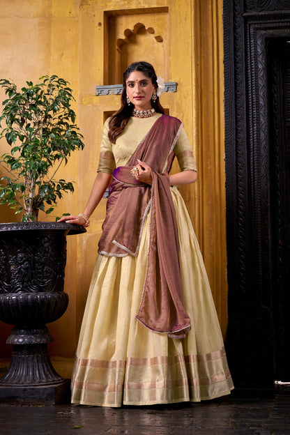South Style Cream Color Slik Zari Weaving Work Lehenga Choli