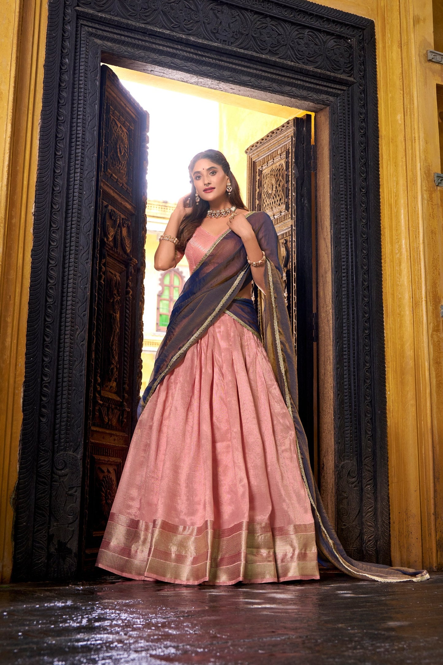 South Style Pink Color Slik Zari Weaving Work Lehenga Choli