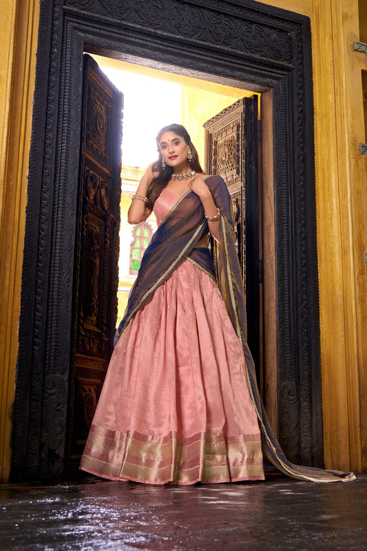 South Style Pink Color Slik Zari Weaving Work Lehenga Choli