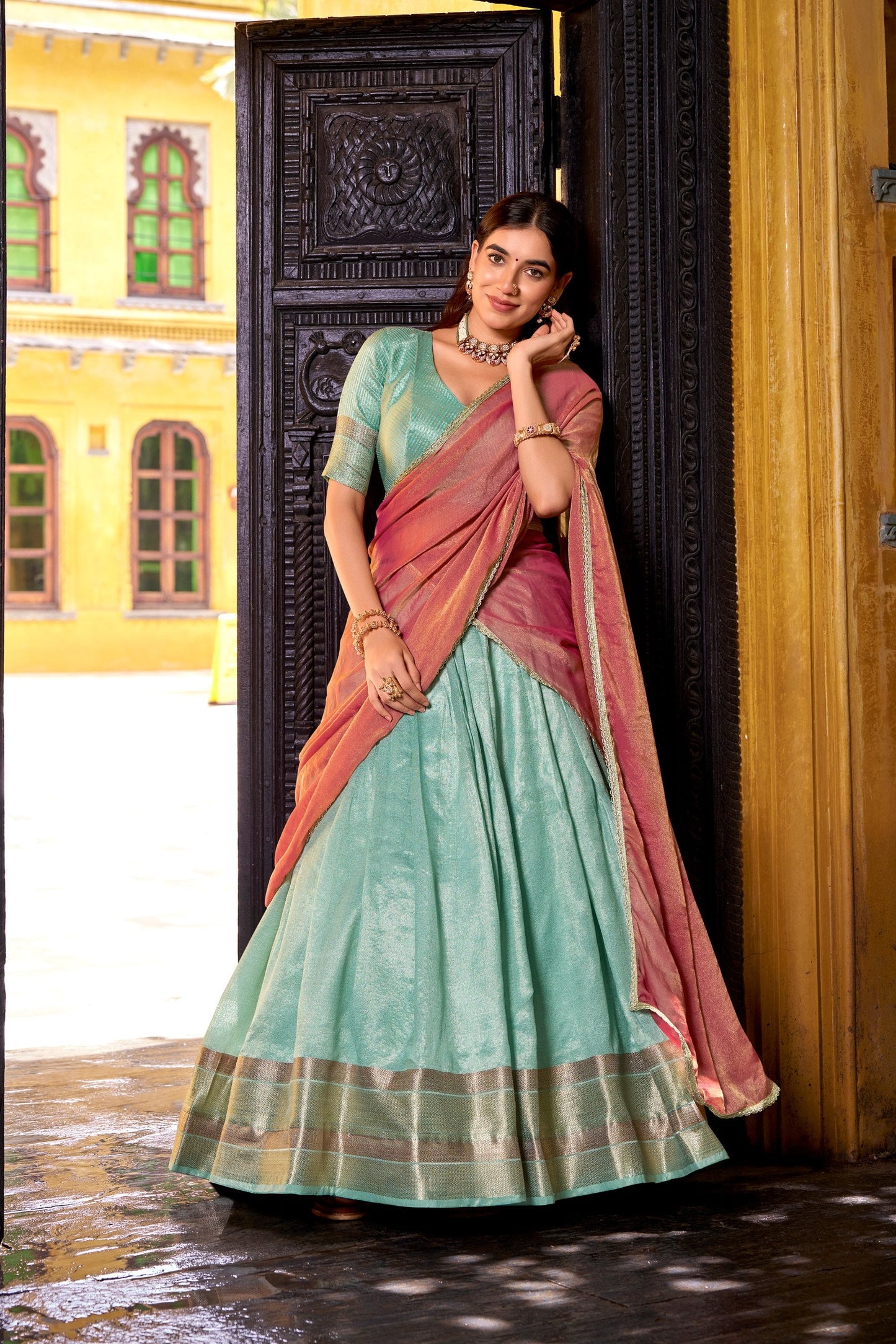 South Style Sky Blue Color Slik Zari Weaving Work Lehenga Choli