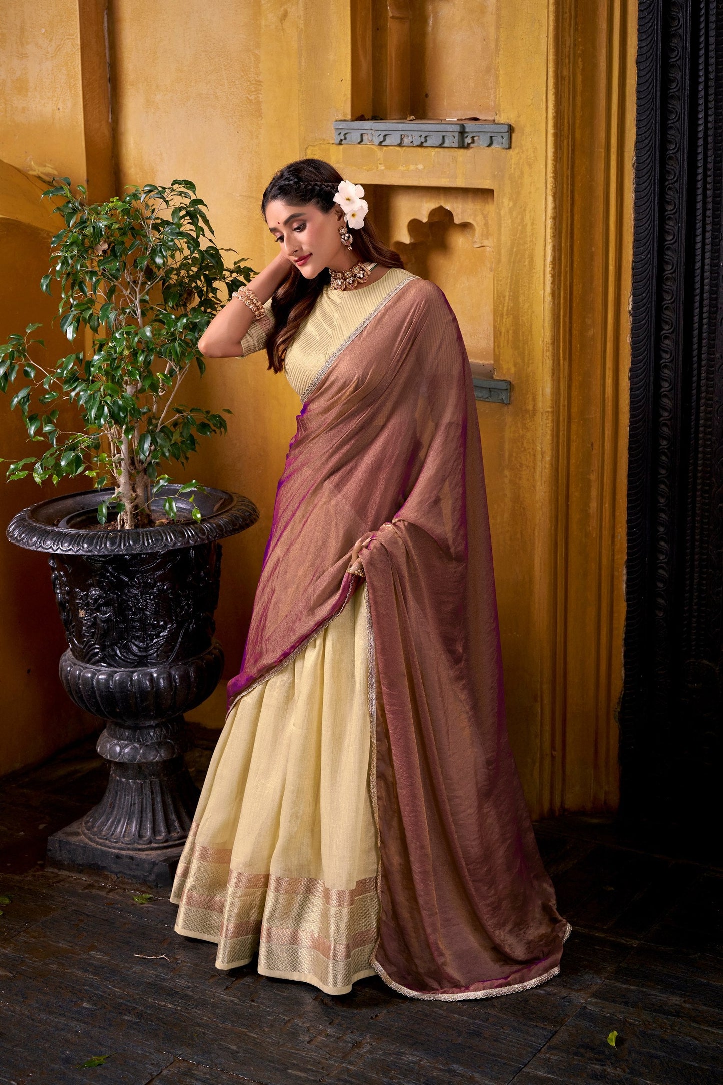 South Style Cream Color Slik Zari Weaving Work Lehenga Choli