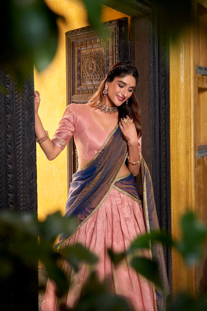 South Style Pink Color Slik Zari Weaving Work Lehenga Choli