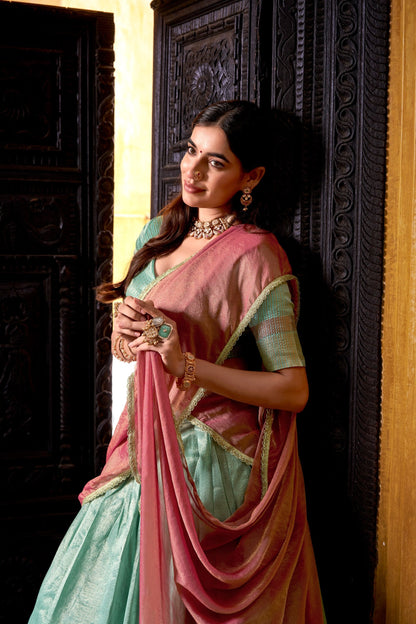 South Style Sky Blue Color Slik Zari Weaving Work Lehenga Choli
