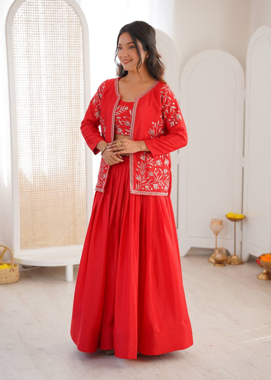 Arti Chauhan Orange Color Chinon Silk Lehenga Set With Koti