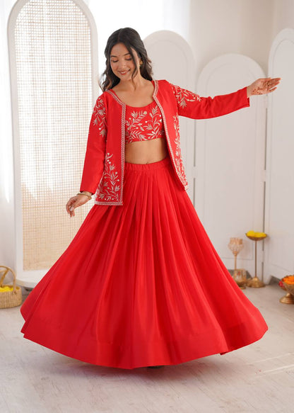 Arti Chauhan Orange Color Chinon Silk Lehenga Set With Koti