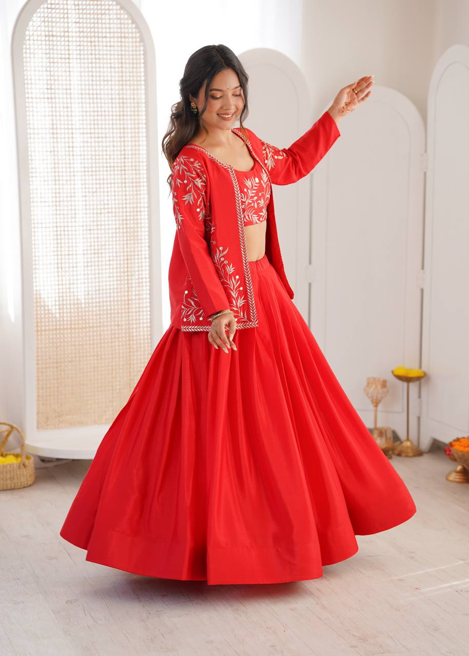 Arti Chauhan Orange Color Chinon Silk Lehenga Set With Koti