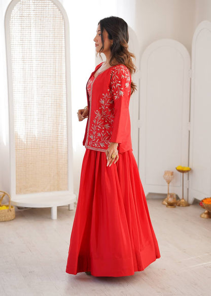 Arti Chauhan Orange Color Chinon Silk Lehenga Set With Koti