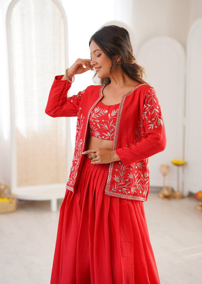 Arti Chauhan Orange Color Chinon Silk Lehenga Set With Koti