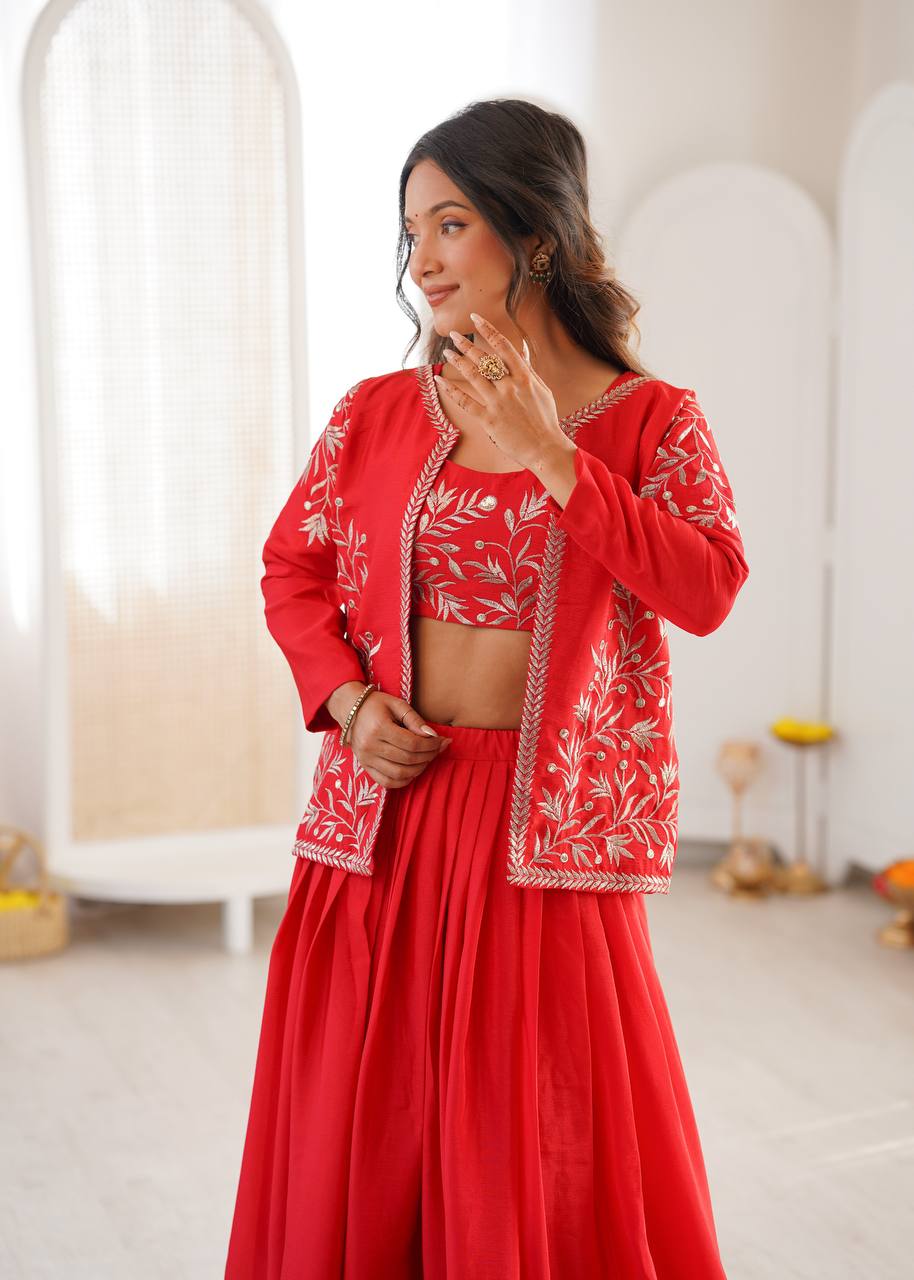 Arti Chauhan Orange Color Chinon Silk Lehenga Set With Koti