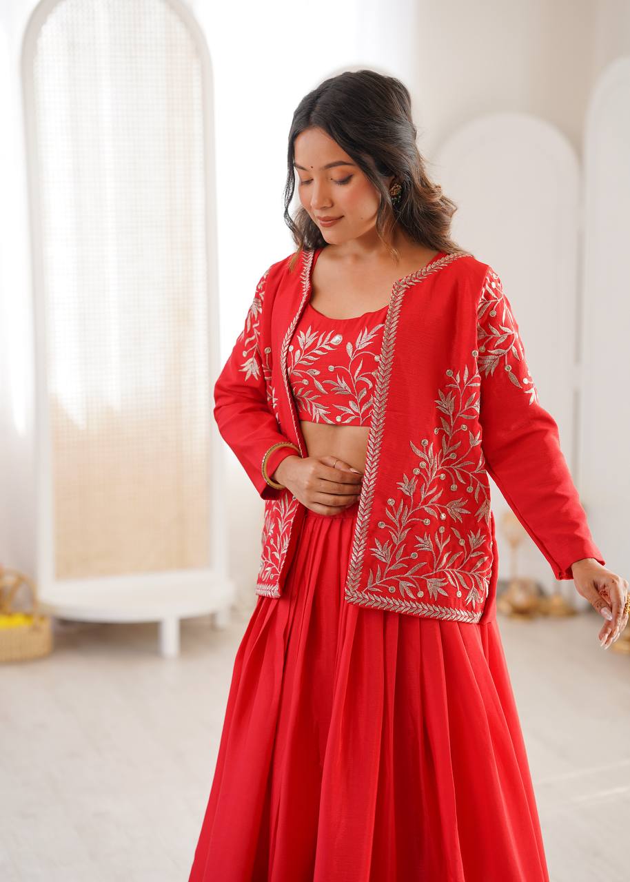 Arti Chauhan Orange Color Chinon Silk Lehenga Set With Koti