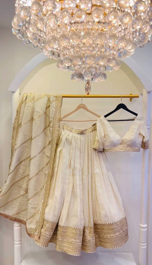 Party Wear Cream Color Heavy Chinon Silk With Heavy Embroidery Sequence Work Designer Lehenga Choli