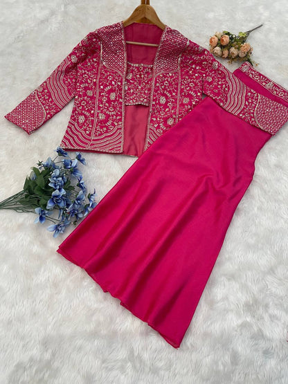 Party Wear Pink Color Chinon Silk Embroidery Sequins Thread Work Koti With Palazzo Suit