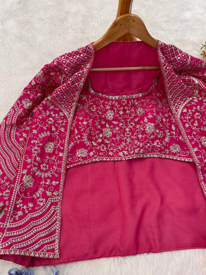 Party Wear Pink Color Chinon Silk Embroidery Sequins Thread Work Koti With Palazzo Suit