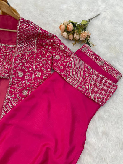 Party Wear Pink Color Chinon Silk Embroidery Sequins Thread Work Koti With Palazzo Suit