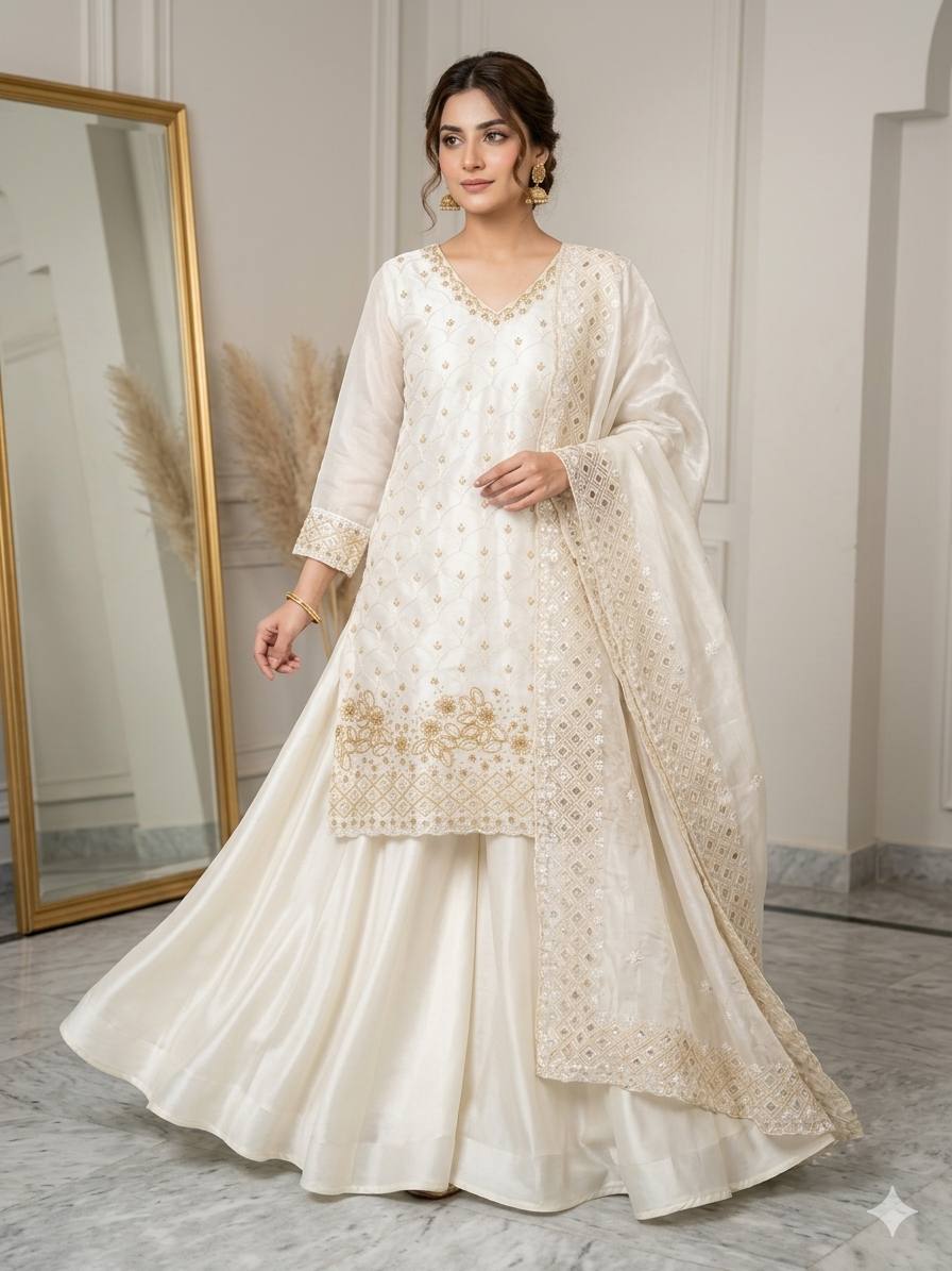 White Color Beads With Sequence Embroidered Kurti Palazzo Suit
