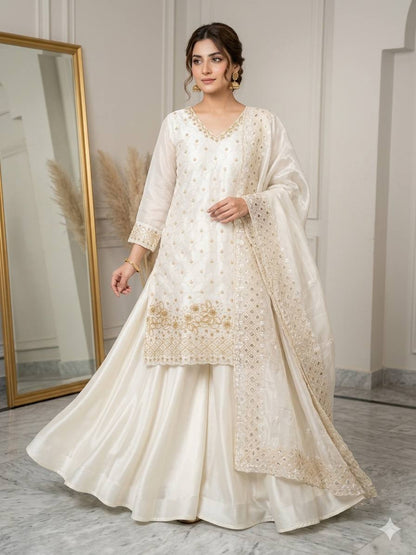 White Color Beads With Sequence Embroidered Kurti Palazzo Suit