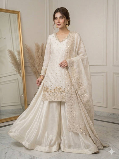 White Color Beads With Sequence Embroidered Kurti Palazzo Suit