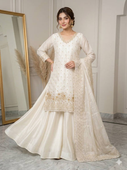 White Color Beads With Sequence Embroidered Kurti Palazzo Suit