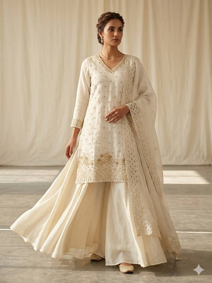 White Color Beads With Sequence Embroidered Kurti Palazzo Suit