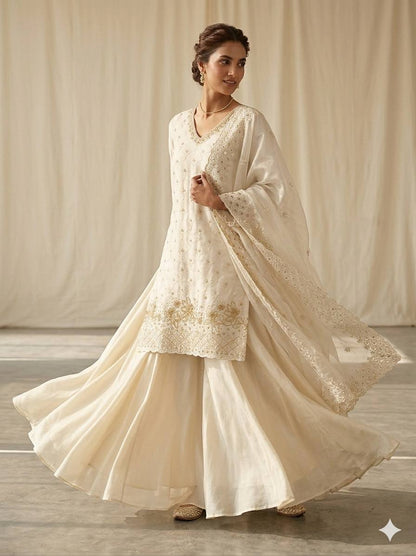 White Color Beads With Sequence Embroidered Kurti Palazzo Suit
