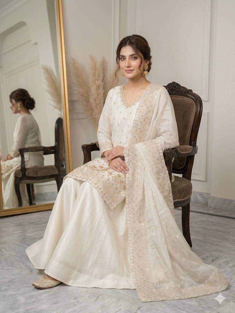White Color Beads With Sequence Embroidered Kurti Palazzo Suit