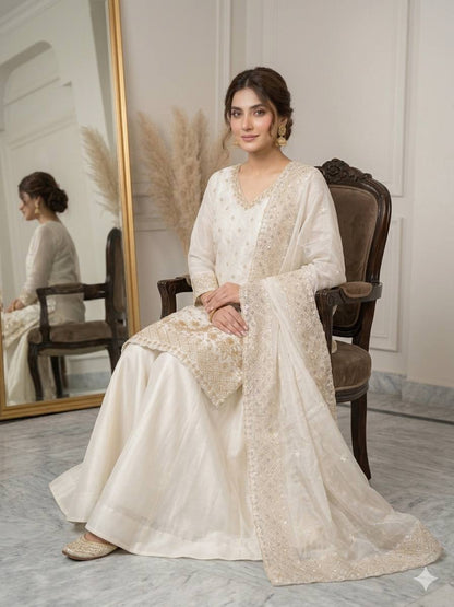 White Color Beads With Sequence Embroidered Kurti Palazzo Suit