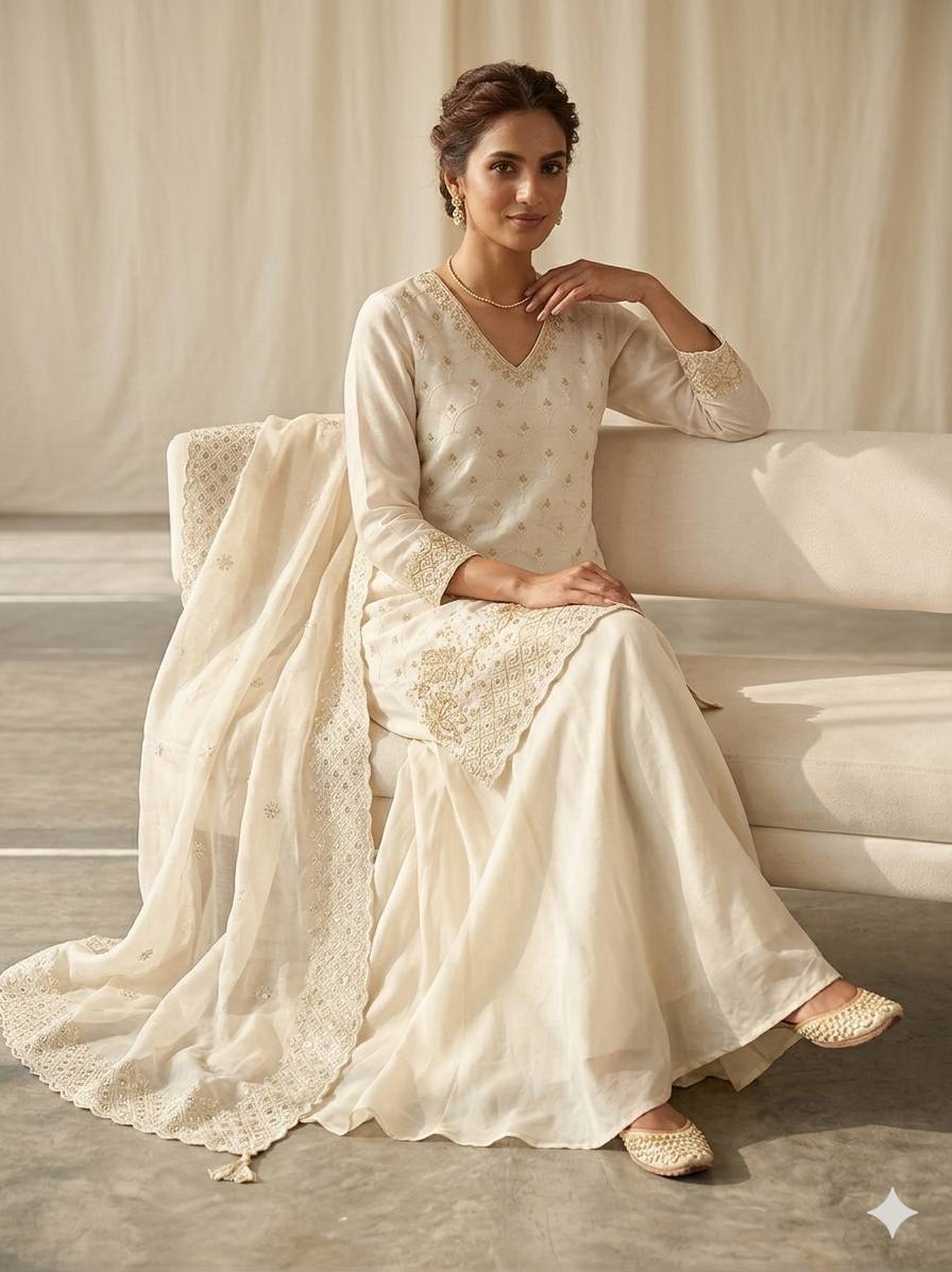 White Color Beads With Sequence Embroidered Kurti Palazzo Suit