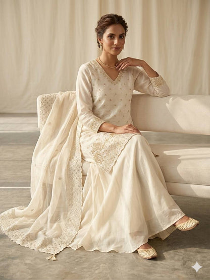 White Color Beads With Sequence Embroidered Kurti Palazzo Suit