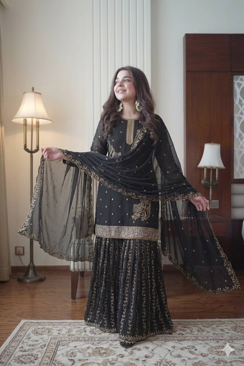Black Color Georgette Sequence Embroidered Sharara Suit