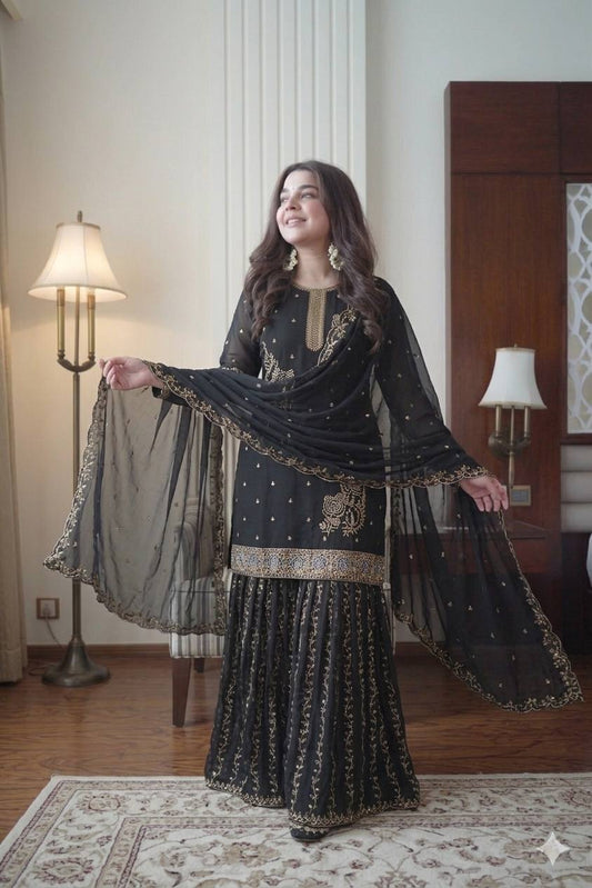 Black Color Georgette Sequence Embroidered Sharara Suit