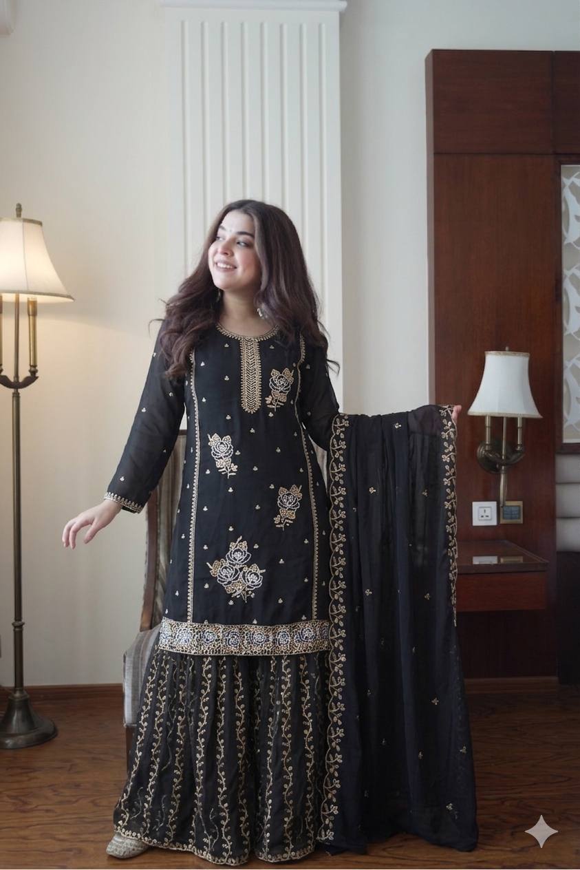 Black Color Georgette Sequence Embroidered Sharara Suit