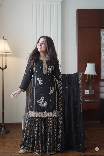 Black Color Georgette Sequence Embroidered Sharara Suit